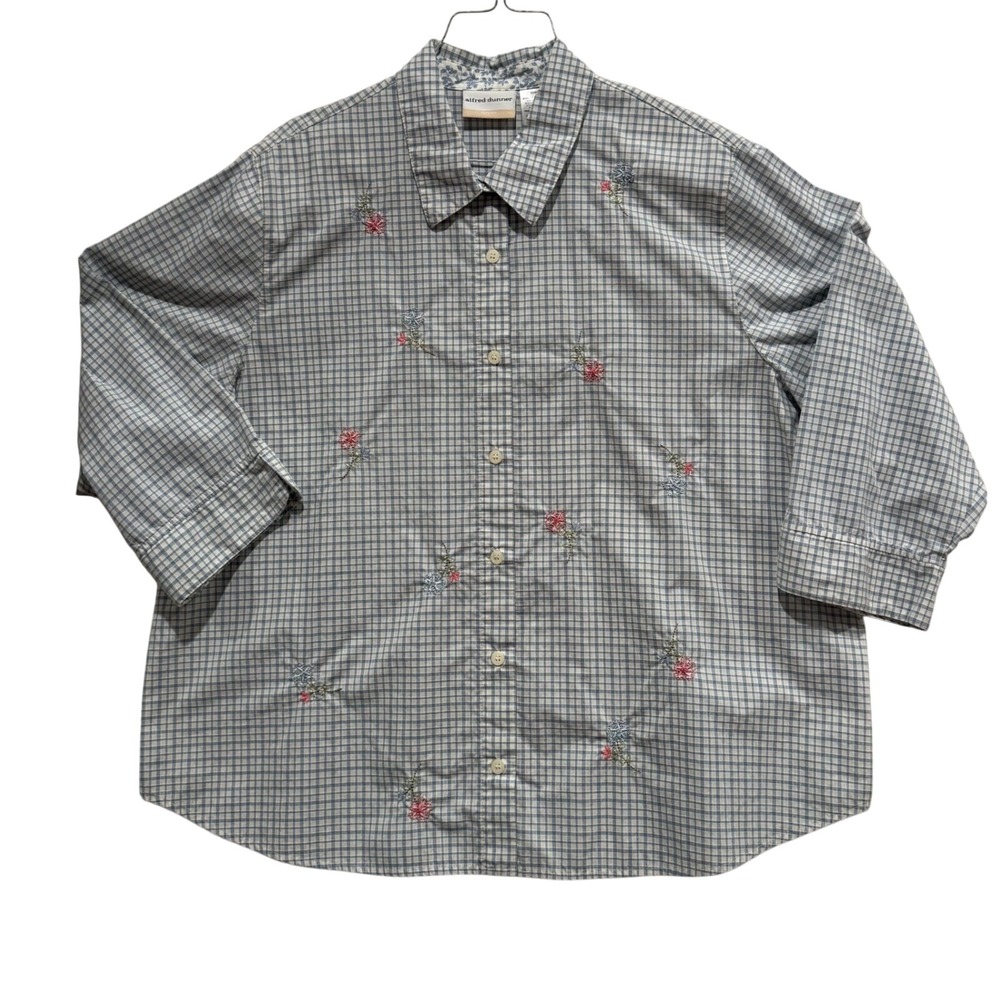 Alfred Dunner Granny Core Blue Gingham Floral Embroidered Button Down Shirt 20W